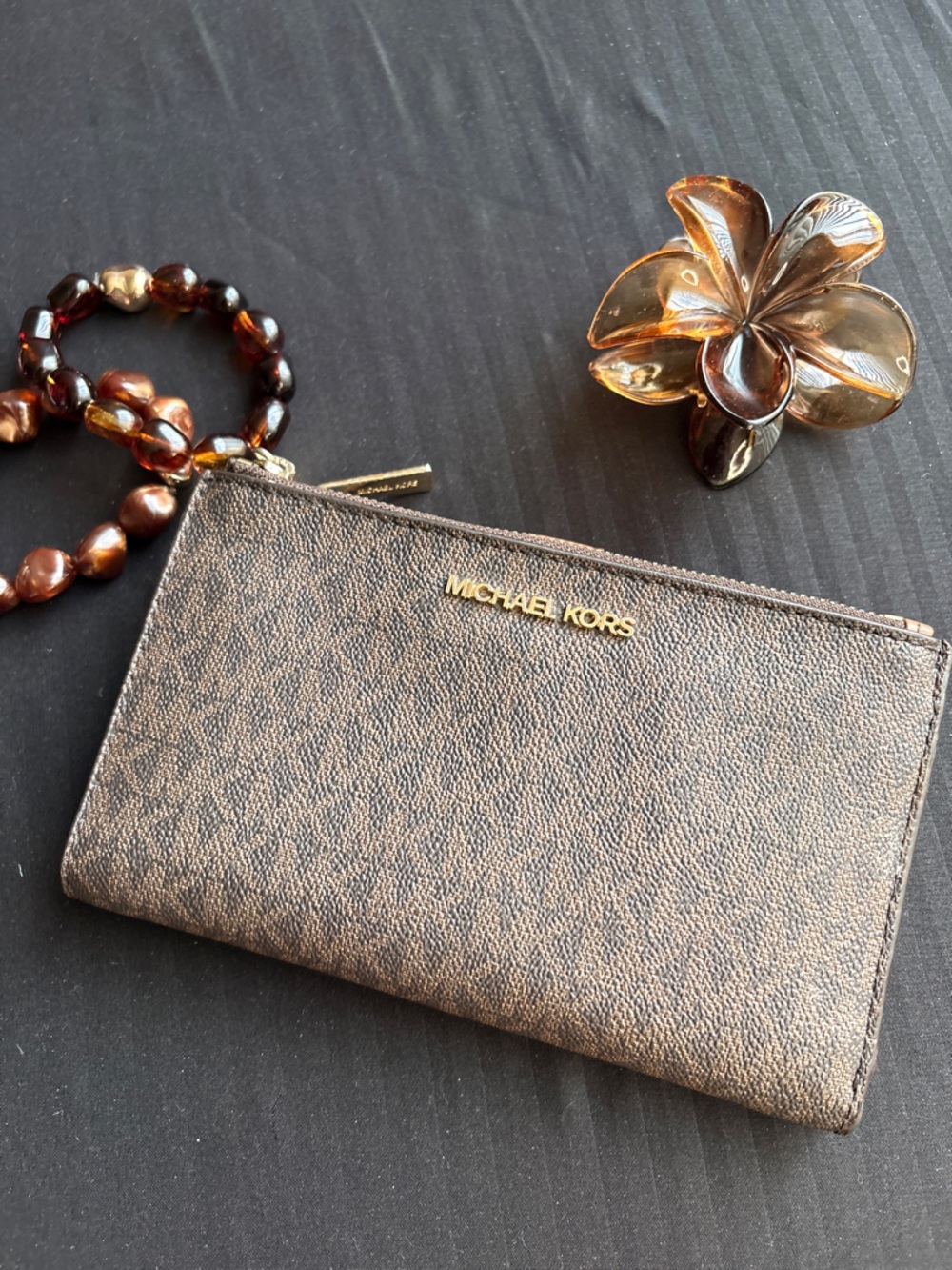 Michael Kors Brown and Tan Signature Zip Wallet